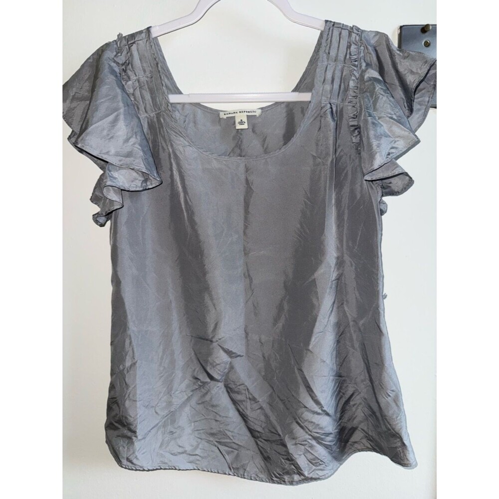 Banana Republic 100% Silk Silver Grey Flutter Sleeve Ruffle Top Small